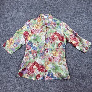 JCC Signature Floral Watercolor Button Up Blouse 3/4 Sleeve Sheer Top